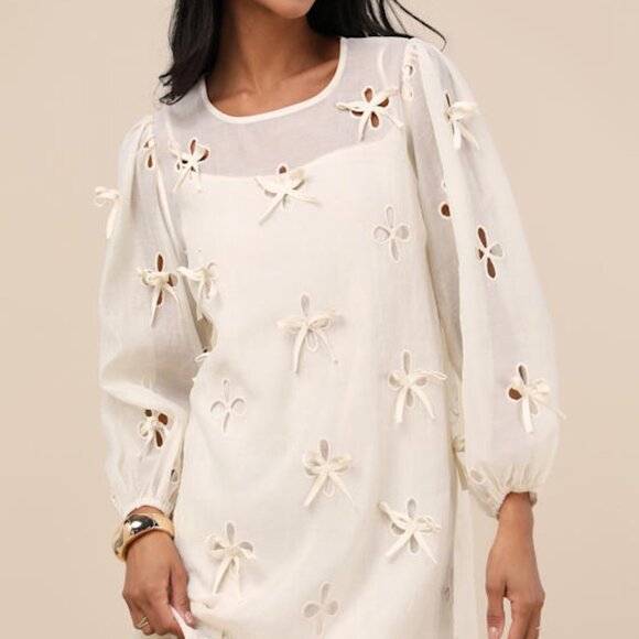Lulus Aamira Cream Embroidered Bow Blouson Sleeve Shift Mini Dress White - Picture 1 of 3